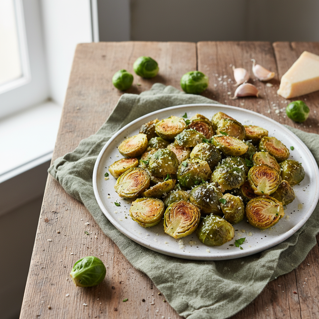 Air Fryer Parmesan Garlic Brussels Sprouts — American recipe featuring Brussels sprouts