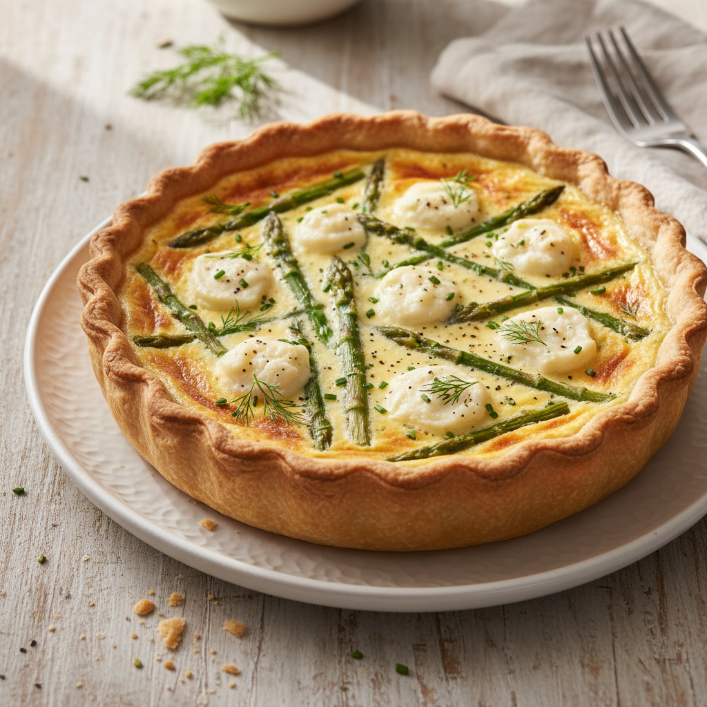 Asparagus & Goat Cheese Quiche — French recipe featuring Pie crust, store-bought