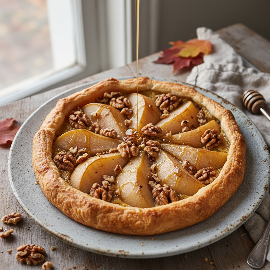 Autumn Pear and Walnut Tart with Honey Drizzle — French recipe featuring Pears (Bosc or Anjou), firm but ripe
