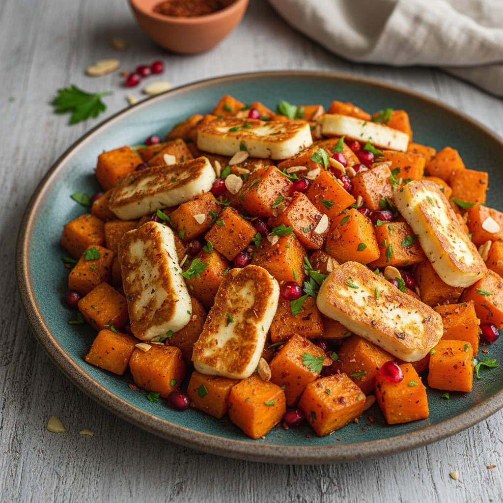 Autumn Spiced Sweet Potato & Halloumi Hash — Middle Eastern recipe featuring Sweet potato