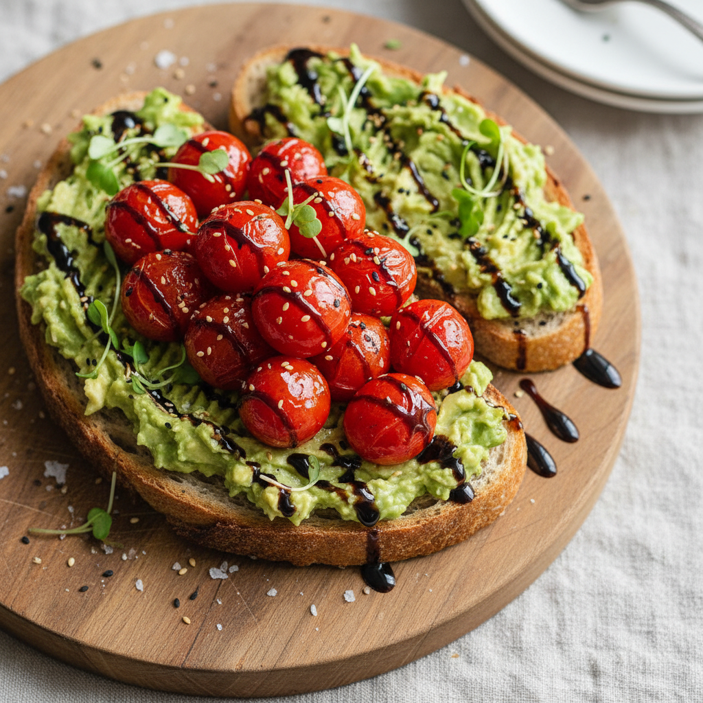 Avocado Toast with Roasted Cherry Tomatoes & Balsamic Glaze — American recipe featuring Cherry tomatoes