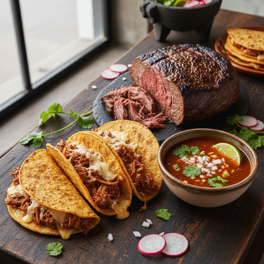 Birria Tacos with Consommé — Mexican recipe featuring Chuck roast