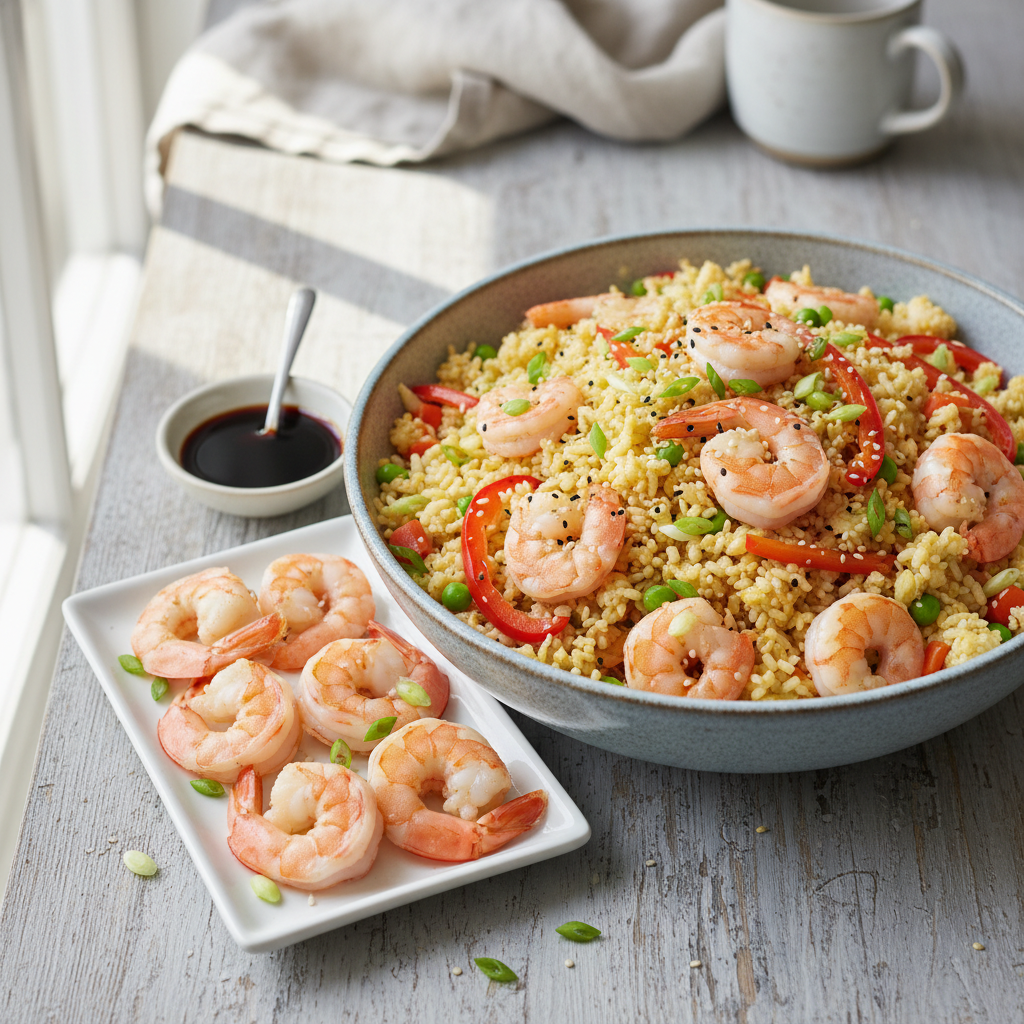 Cauliflower Fried Rice with Shrimp — Asian recipe featuring Raw shrimp, peeled and deveined