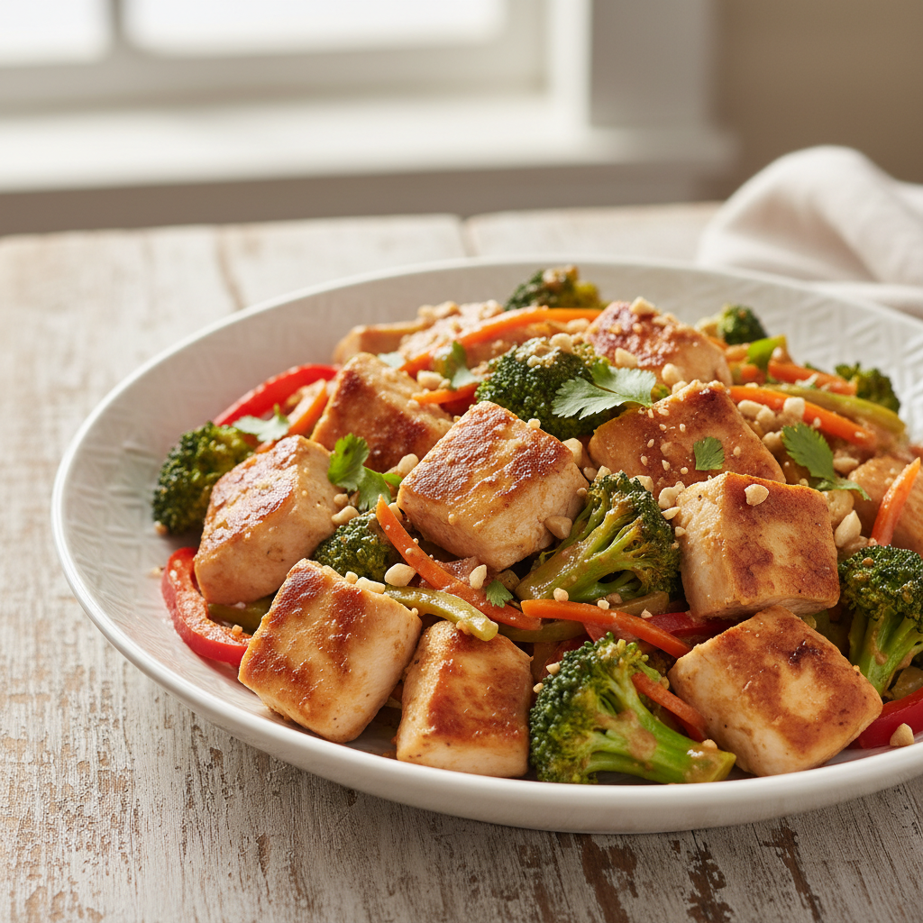 Chicken and Broccoli Stir-Fry with Peanut Sauce — American recipe featuring Chicken breast, cut into 1-inch pieces