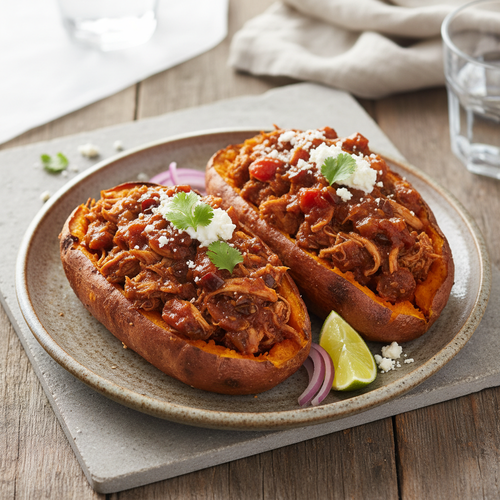 Chicken Tinga Stuffed Sweet Potatoes — Mexican recipe featuring Sweet potatoes