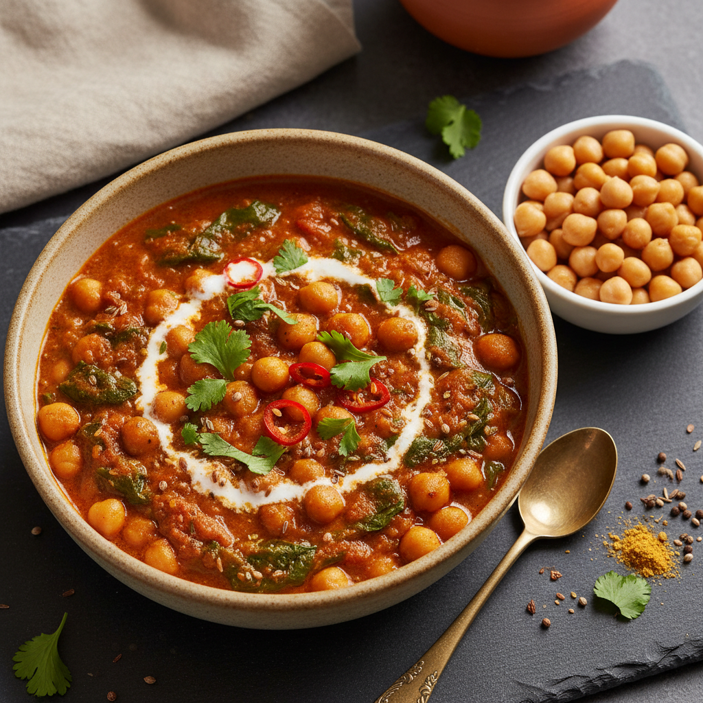 Chickpea and Spinach Curry (Chana Palak Masala) — Indian recipe featuring Canned chickpeas, rinsed and drained