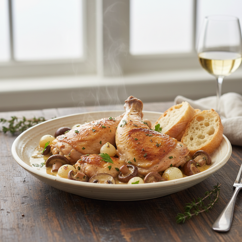 Classic Coq au Vin Blanc — French recipe featuring Chicken Thighs and Drumsticks