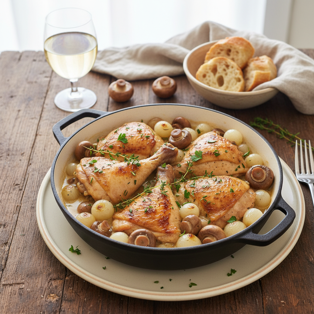 Classic Coq au Vin Blanc — French recipe featuring Bone-in, Skin-on Chicken Thighs and Drumsticks