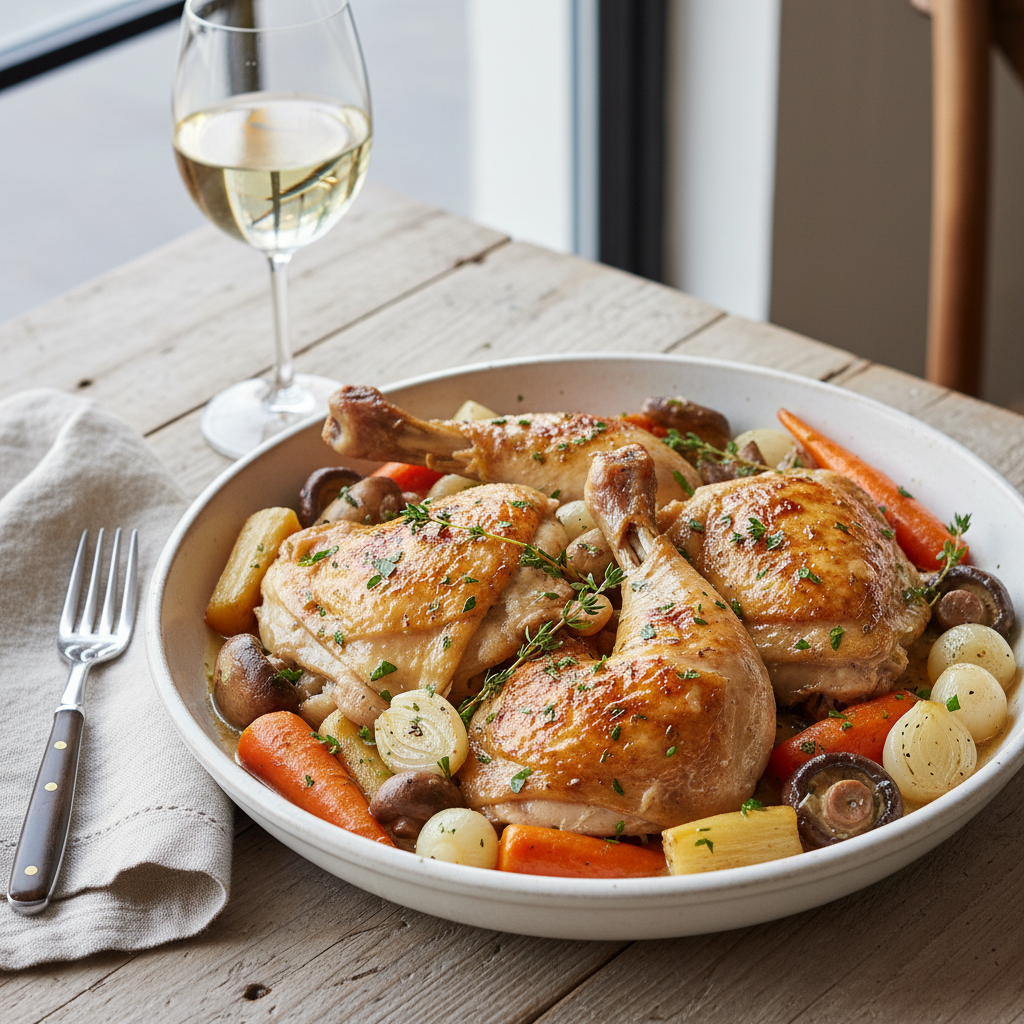 Classic Coq au Vin Blanc (White Wine Chicken) — French recipe featuring Bone-in, skin-on chicken thighs and drumsticks