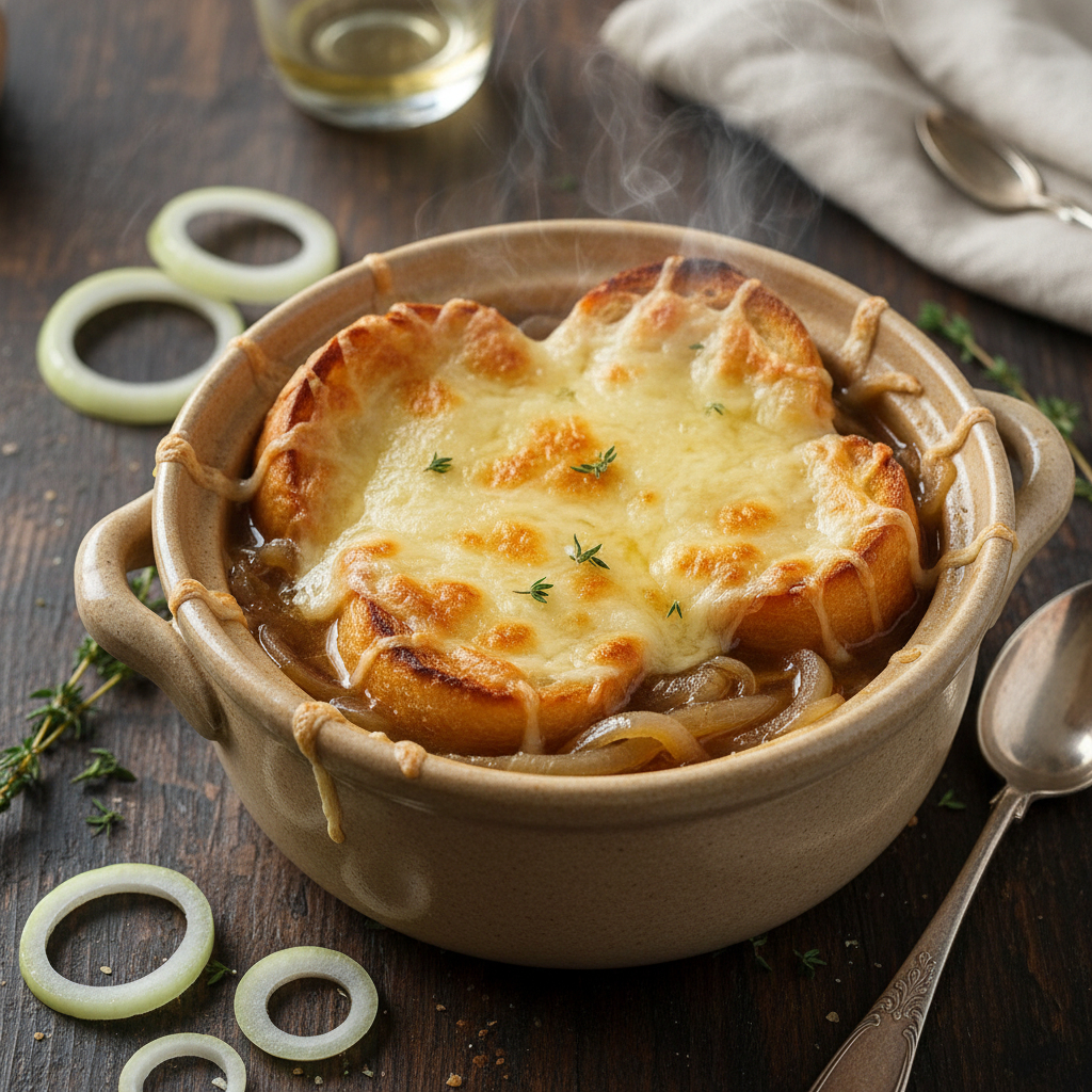 Classic French Onion Soup — French recipe featuring Yellow onions, thinly sliced