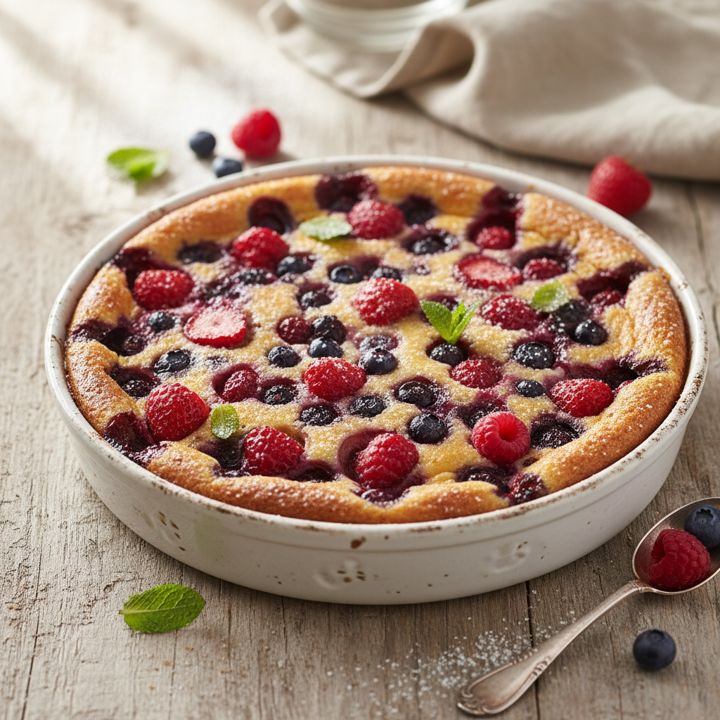 Classic Fresh Berry Clafoutis — French recipe featuring Mixed berries (strawberries, blueberries, raspberries)