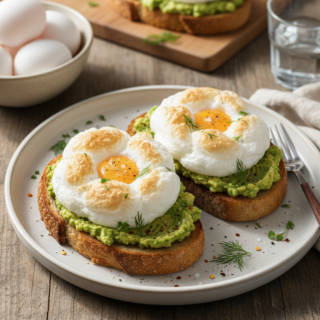 Cloud Eggs with Avocado Toast — American recipe featuring Large Eggs