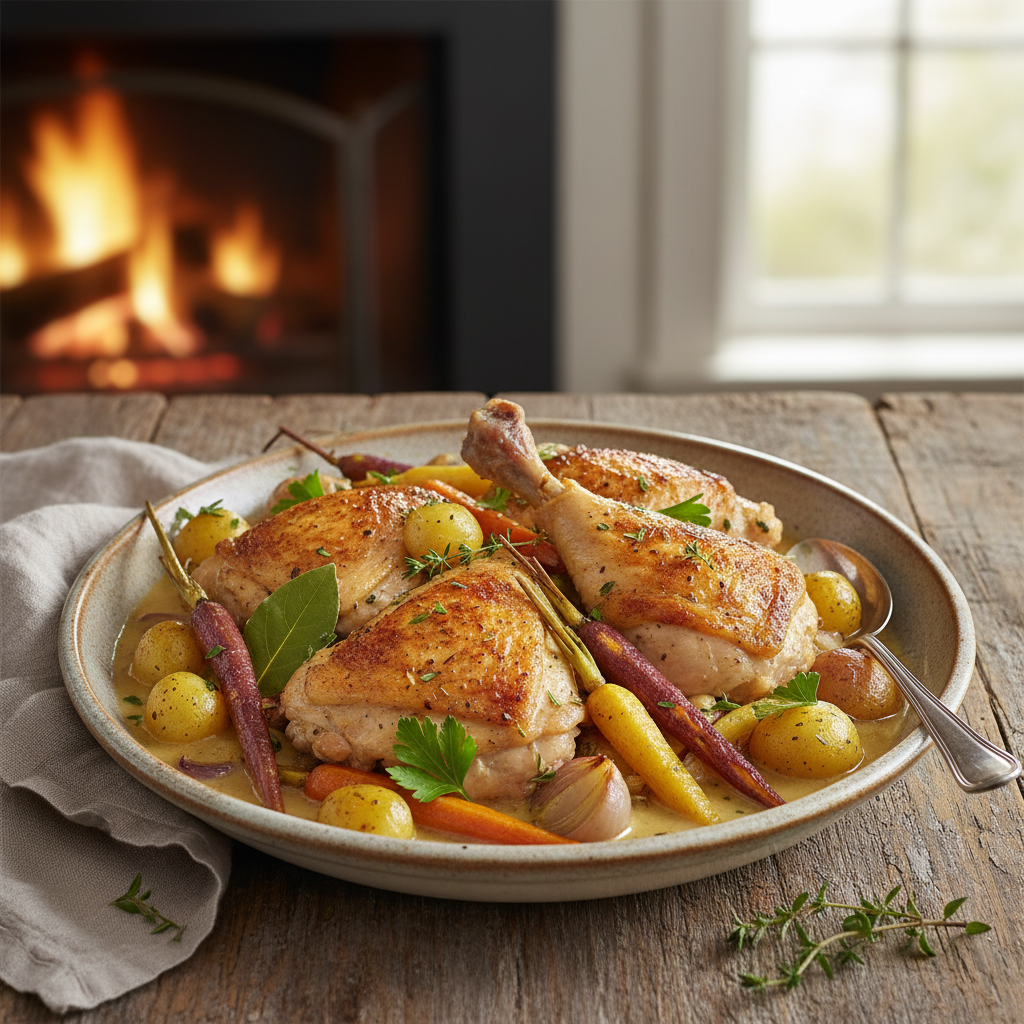 Coq au Vin Blanc with Autumn Vegetables — French recipe featuring Bone-in, skin-on chicken thighs and drumsticks