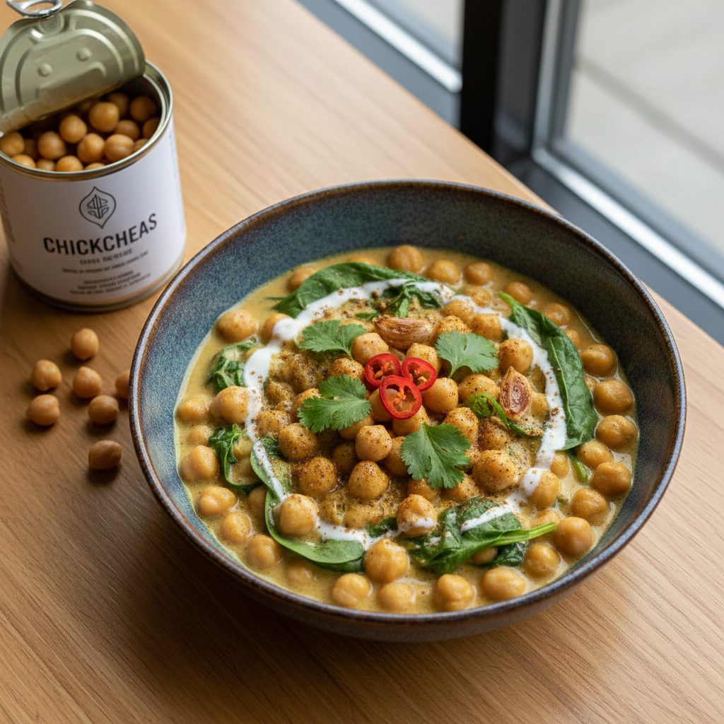 Creamy Chickpea & Spinach Curry — Indian recipe featuring Canned chickpeas