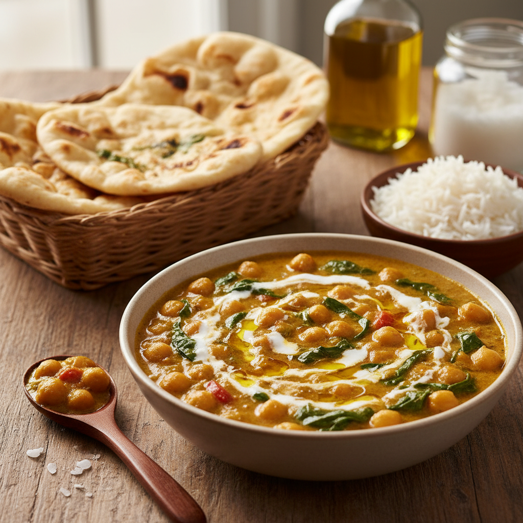 Creamy Chickpea Spinach Curry (Chana Palak Curry) — Indian recipe featuring Olive oil or coconut oil