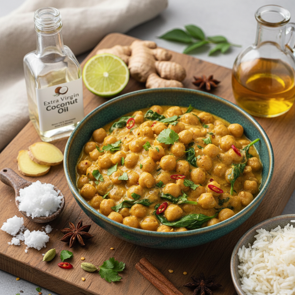 Creamy Coconut Chickpea Curry — Indian recipe featuring Coconut oil or vegetable oil