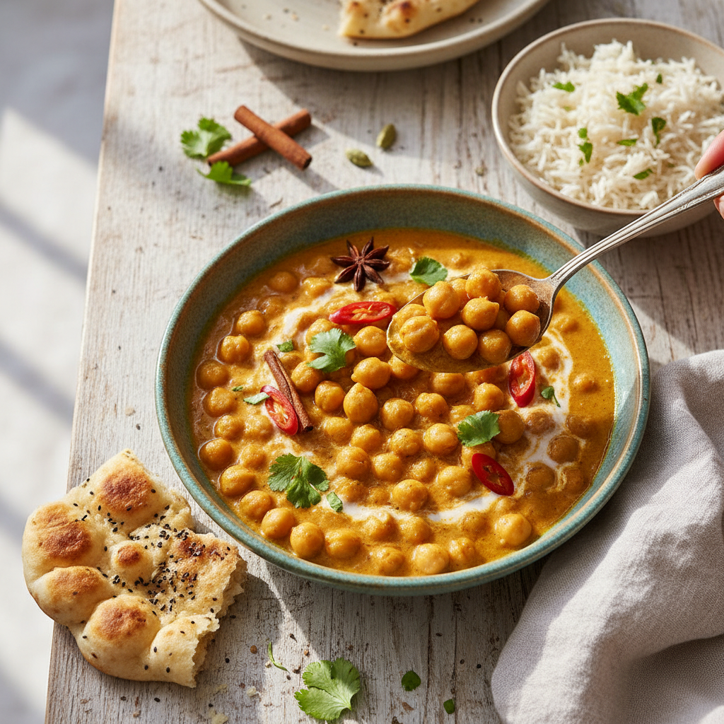 Creamy Coconut Chickpea Curry — Indian recipe featuring Canned chickpeas, drained and rinsed