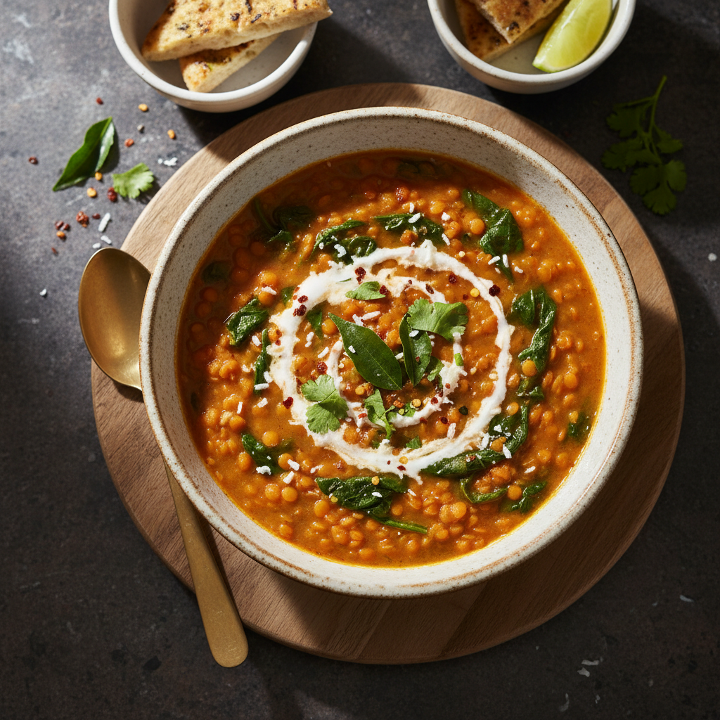 Creamy Coconut Lentil Soup with Spinach — Indian recipe featuring Red lentils