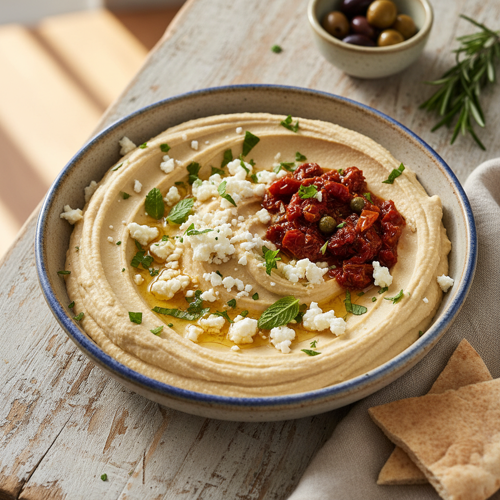 Creamy Feta & Sun-Dried Tomato Hummus Bowl — Mediterranean recipe featuring Prepared Hummus