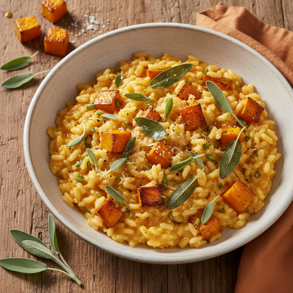 Creamy Pumpkin Risotto with Sage — Italian recipe featuring Arborio rice
