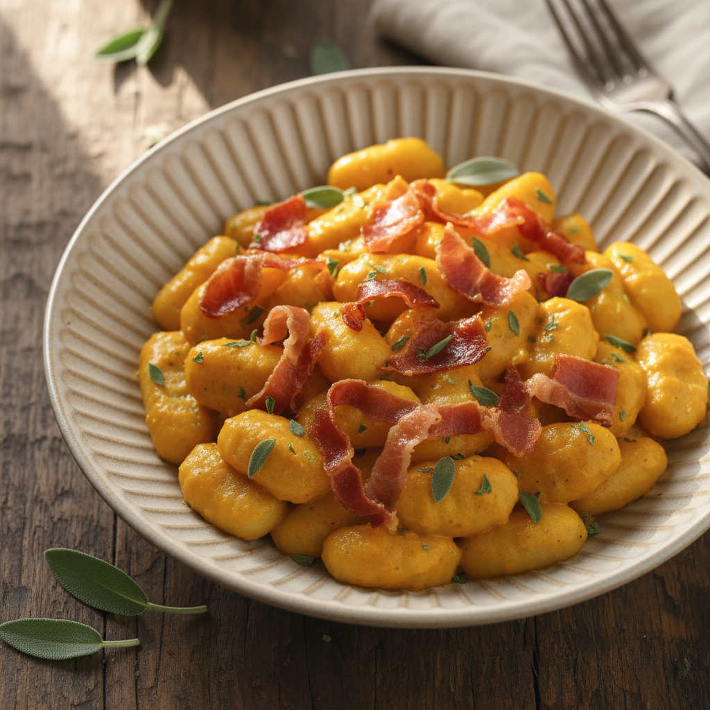 Creamy Pumpkin Sage Gnocchi with Crispy Prosciutto — Italian recipe featuring Potato gnocchi