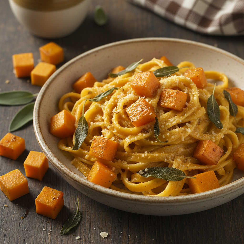 Creamy Roasted Butternut Squash Pasta — Italian recipe featuring Butternut squash, peeled and cubed