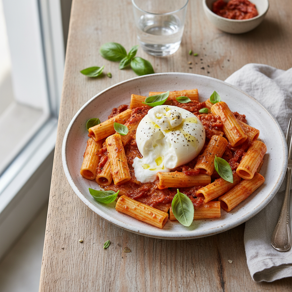 Creamy Sun-Dried Tomato Pasta with Burrata — Italian recipe featuring Pasta (e.g., rigatoni, penne)