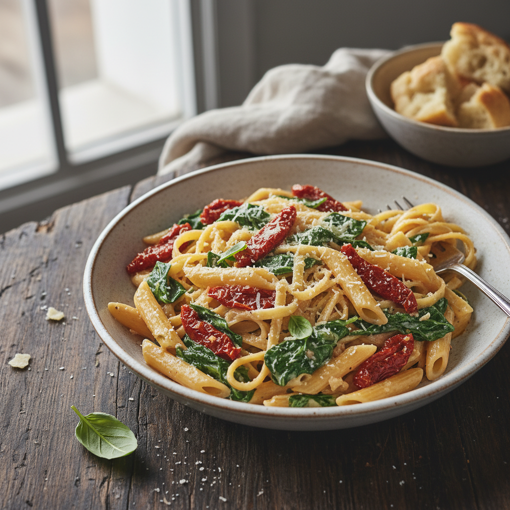 Creamy Sun-Dried Tomato & Spinach Pasta — Italian recipe featuring Pasta (Fettuccine or Penne)