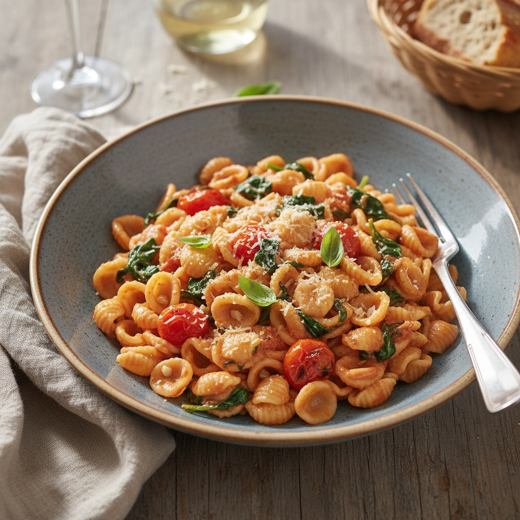 Creamy Tomato & Spinach Orecchiette — Italian recipe featuring Orecchiette pasta