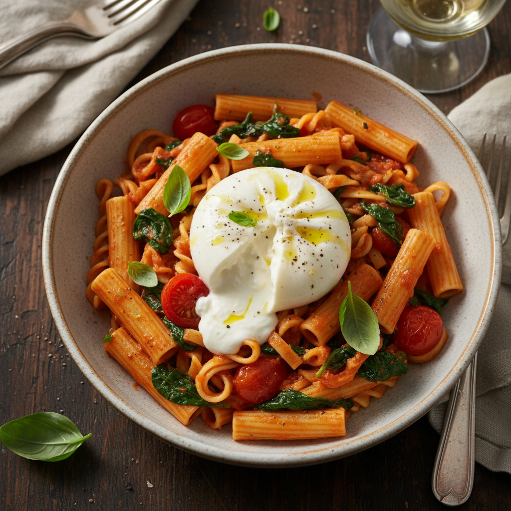 Creamy Tomato & Spinach Pasta with Burrata — Italian recipe featuring Pasta (e.g., fettuccine, rigatoni)