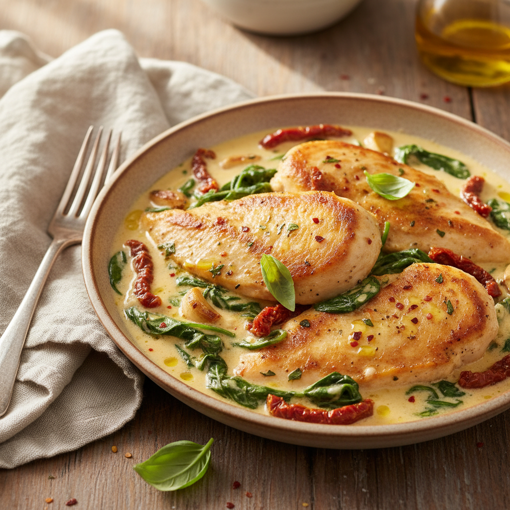 Creamy Tuscan Chicken with Spinach and Sun-Dried Tomatoes — Italian recipe featuring Boneless, Skinless Chicken Breasts