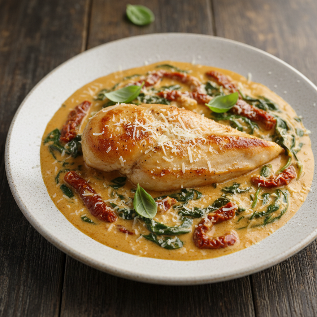 Creamy Tuscan Chicken with Spinach and Sun-Dried Tomatoes — Italian recipe featuring Boneless, Skinless Chicken Breasts