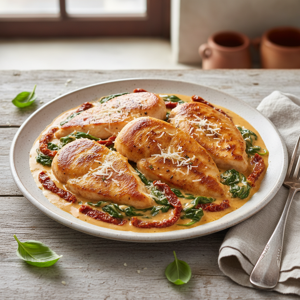 Creamy Tuscan Chicken with Sun-Dried Tomatoes and Spinach — Italian recipe featuring Boneless, Skinless Chicken Breasts