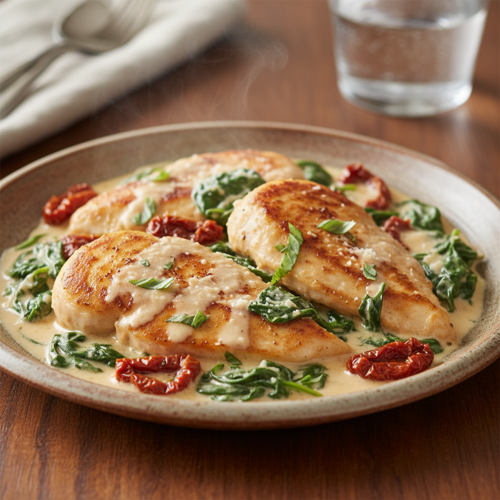 Creamy Tuscan Chicken with Sun-Dried Tomatoes & Spinach — Italian recipe featuring Boneless, Skinless Chicken Breasts