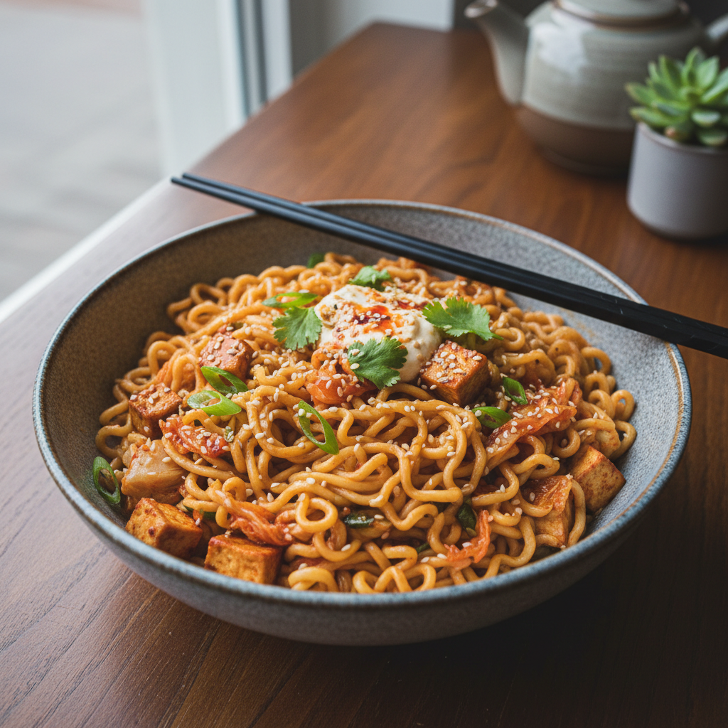 Creamy Vegan Kimchi Noodles — Asian recipe featuring Ramen noodles
