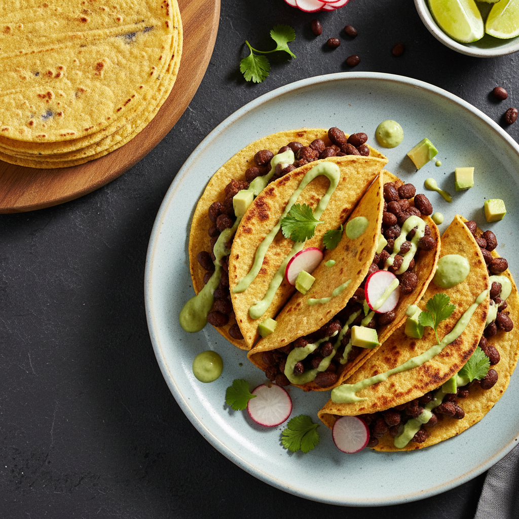 Crispy Black Bean Tacos with Avocado Crema — Mexican recipe featuring Corn tortillas