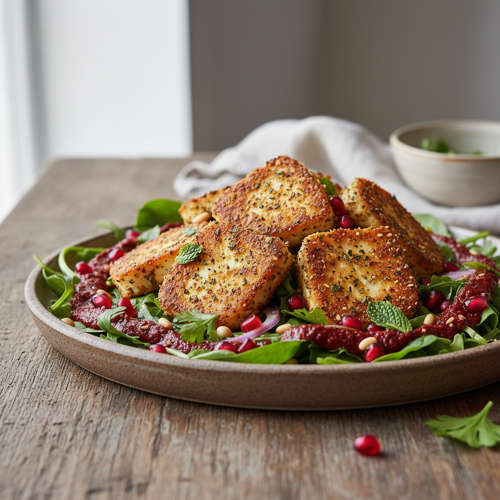 Crispy Halloumi & Harissa Salad with Pomegranate — Middle Eastern recipe featuring Halloumi cheese