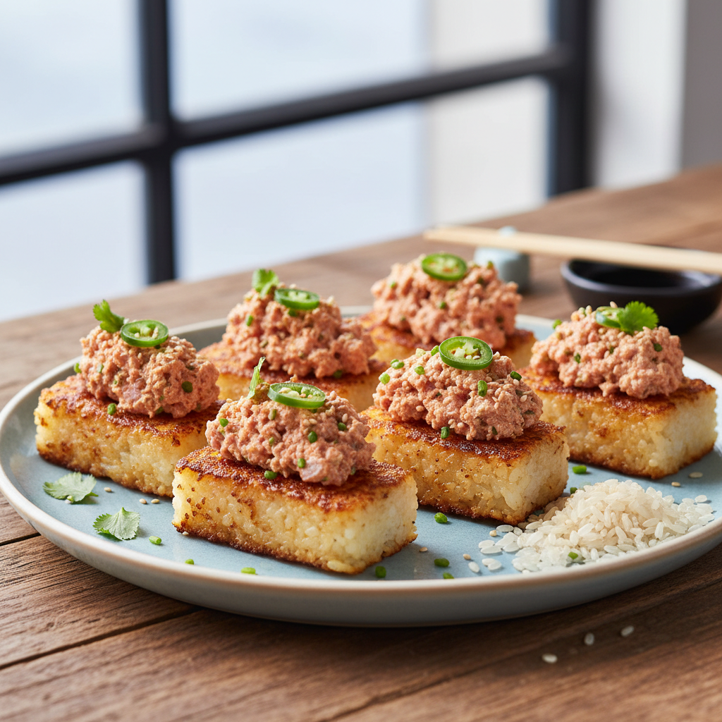Crispy Rice Spicy Tuna Bites — Japanese recipe featuring Sushi Rice, cooked and seasoned
