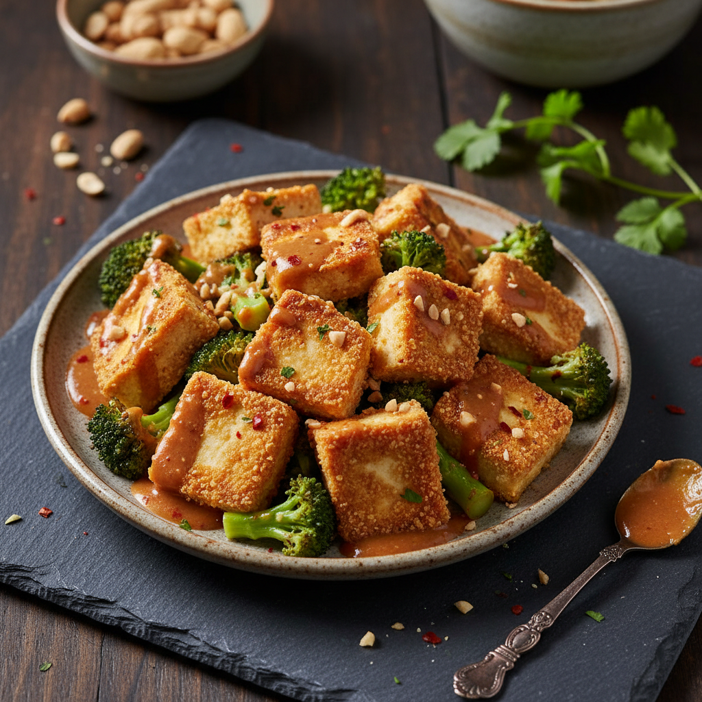 Crispy Tofu and Broccoli with Peanut Sauce — Asian recipe featuring Firm or extra-firm tofu