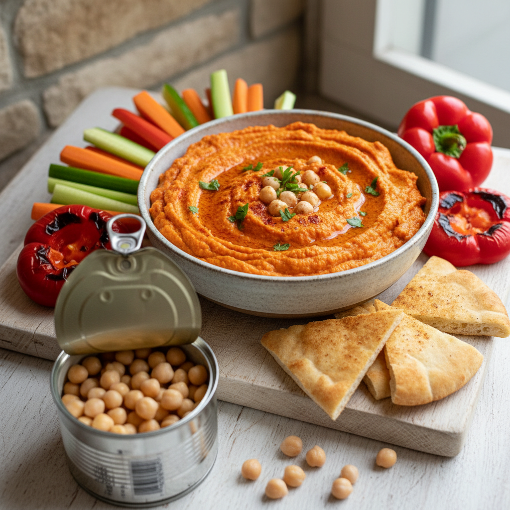 Easy Red Pepper Hummus — Middle_Eastern recipe featuring Canned chickpeas, rinsed and drained