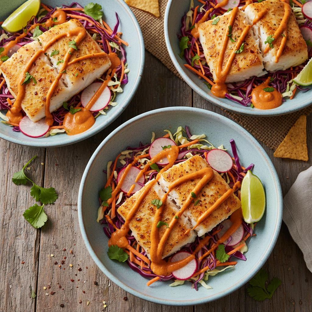 Fish Taco Bowls with Chipotle Crema — Mexican recipe featuring Cod Fillets
