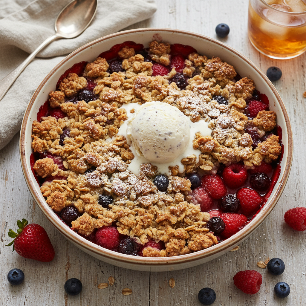 Fresh Berry Crumble with Oat Topping — American recipe featuring Mixed berries (strawberries, blueberries, raspberries)