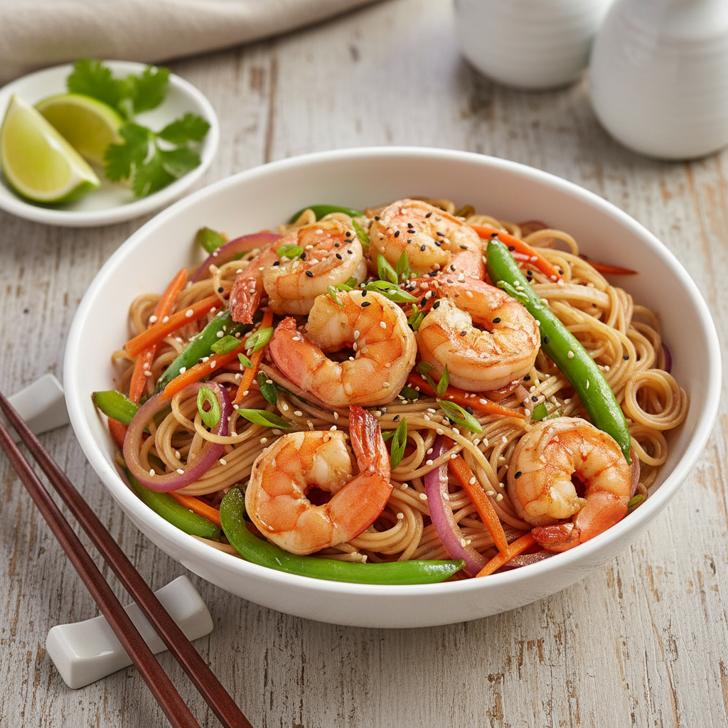Ginger-Garlic Shrimp Stir-Fry with Rice Noodles — Asian recipe featuring Shrimp (peeled, devained)