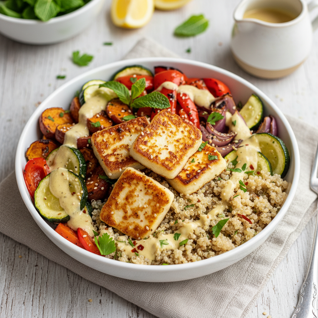 Halloumi and Roasted Vegetable Power Bowl — Mediterranean recipe featuring Halloumi Cheese