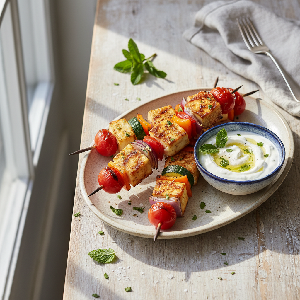 Halloumi and Vegetable Skewers with Mint Yogurt Dip — Middle_Eastern recipe featuring Halloumi Cheese