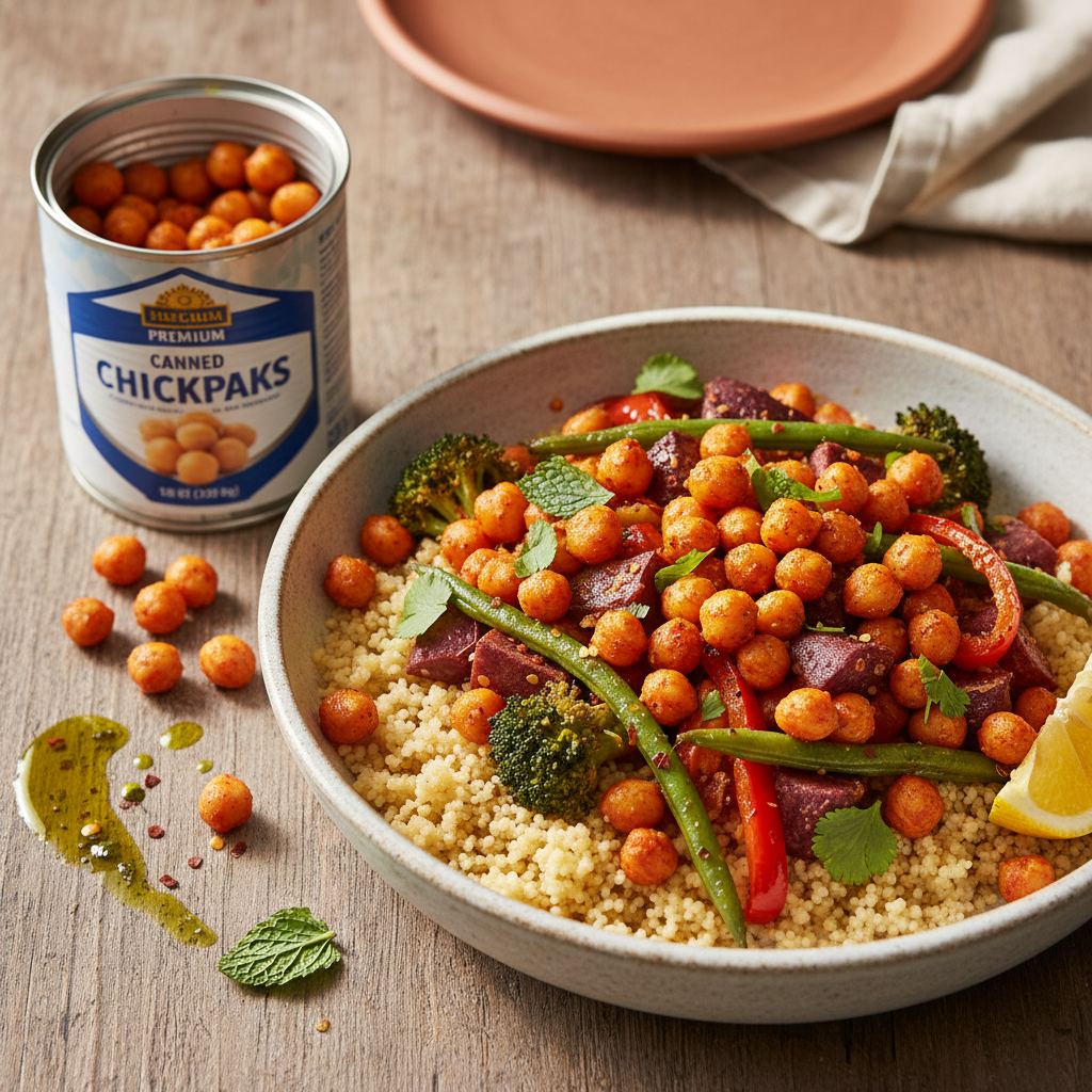Harissa Roasted Chickpea & Veggie Bowl — Mediterranean recipe featuring Canned Chickpeas