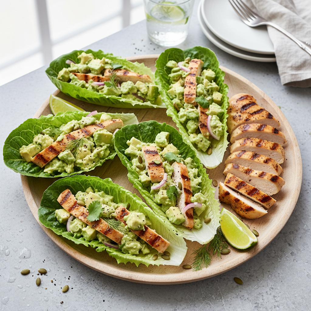 Keto Avocado Chicken Salad Lettuce Wraps — American recipe featuring Cooked Chicken Breast