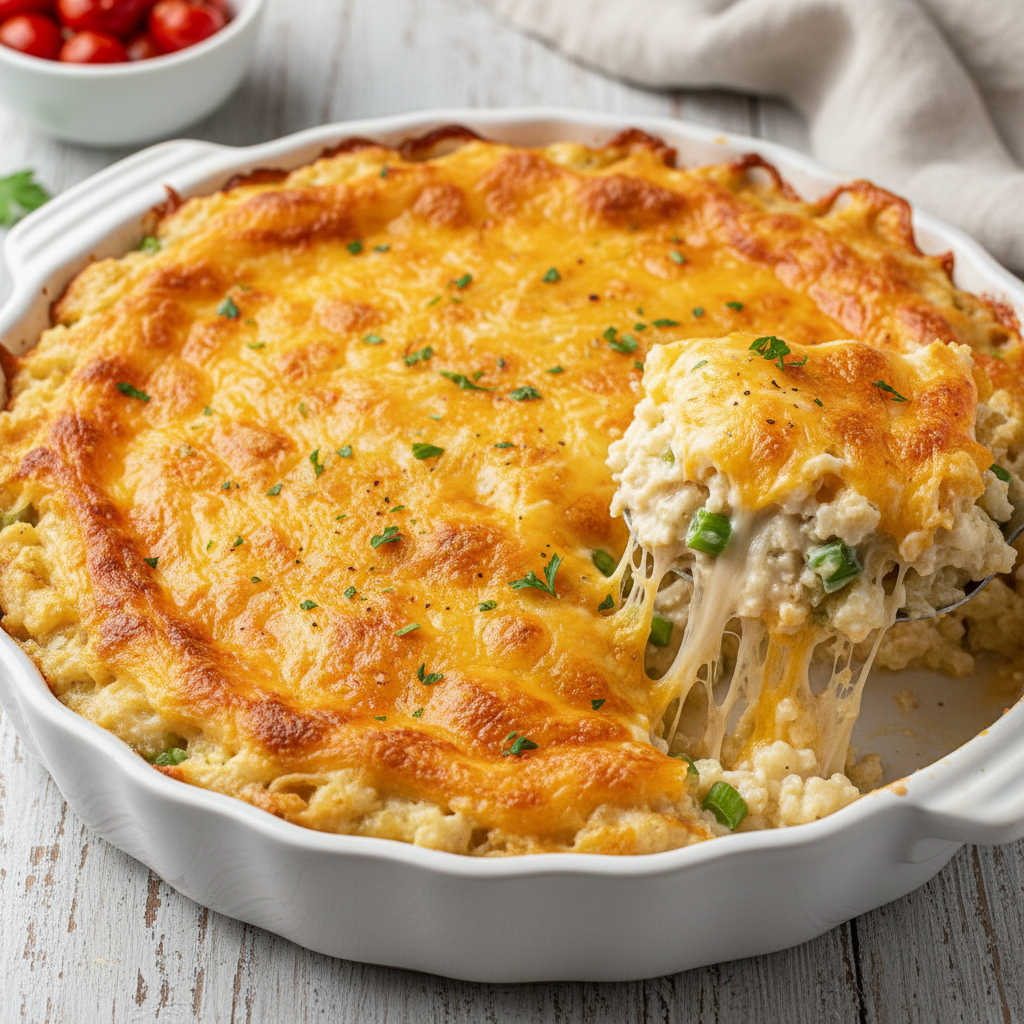 Keto Cheesy Cauliflower Rice Casserole — American recipe featuring Cauliflower rice