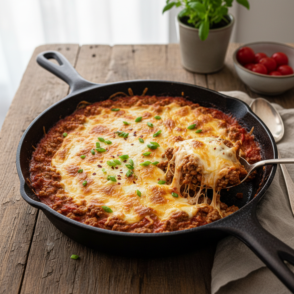 Keto Cheesy Ground Beef Skillet — American recipe featuring Ground beef (80/20)
