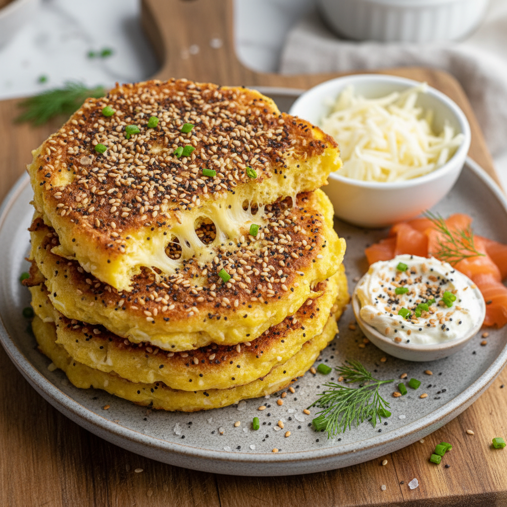 Keto Everything Bagel Chaffles — American recipe featuring Shredded Mozzarella Cheese